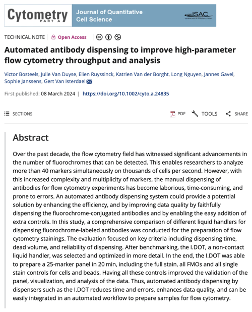 Automated antibody dispensing to improve high-parameter flow cytometry throughput and analysis published in Cytometry Part A.